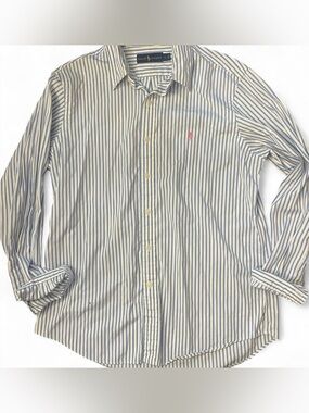 Ralph Lauren men’s blue/white striped button-up shirt with pink pony